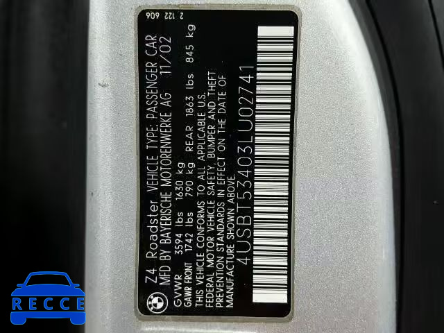 2003 BMW Z4 3.0I 4USBT53403LU02741 image 9