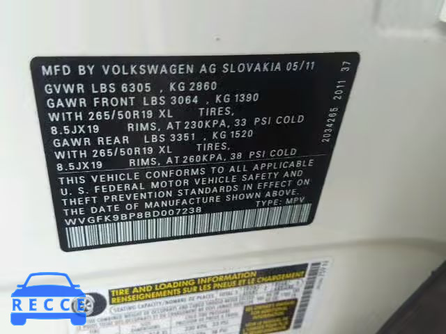 2011 VOLKSWAGEN TOUAREG TD WVGFK9BP8BD007238 image 9