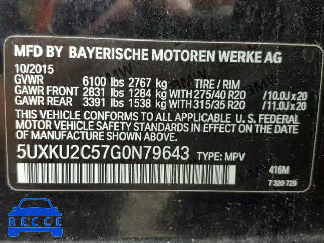 2016 BMW X6 XDRIVE3 5UXKU2C57G0N79643 image 9