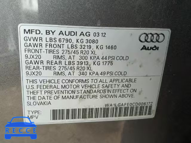 2012 AUDI Q7 PREMIUM WA1LGAFE0CD008172 image 9