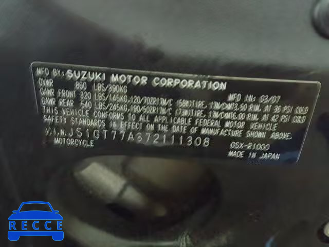 2007 SUZUKI GSX-R1000 JS1GT77A372111308 image 9