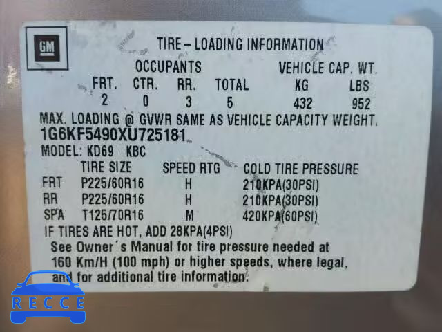 1999 CADILLAC DEVILLE CO 1G6KF5490XU725181 image 9