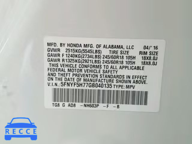 2016 HONDA PILOT EXLN 5FNYF5H77GB040135 image 9