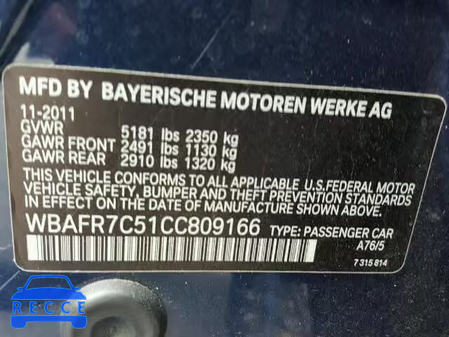 2012 BMW 535I WBAFR7C51CC809166 зображення 9