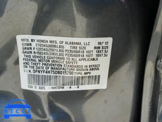 2013 HONDA PILOT EXLN 5FNYF4H75DB015790 image 9