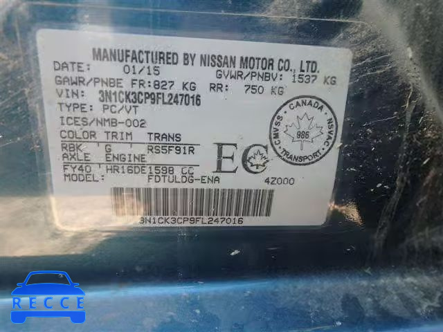 2015 NISSAN MICRA 3N1CK3CP9FL247016 image 9