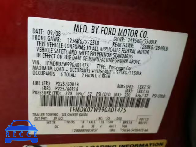 2009 FORD TAURUS X E 1FMDK07W99GA01475 image 9