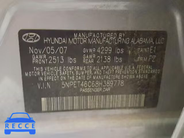 2008 HYUNDAI SONATA 5NPET46C68H389778 image 9