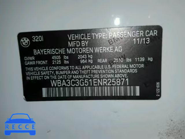 2014 BMW 320I XDRIV WBA3C3G51ENR25871 зображення 9