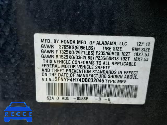 2013 HONDA PILOT EXLN 5FNYF4H74DB032046 image 9