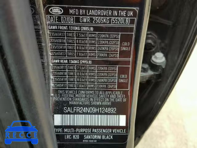 2009 LAND ROVER LR2 HSE SALFR24N09H124892 image 9