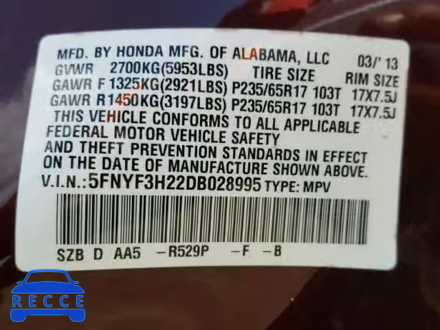 2013 HONDA PILOT LX 5FNYF3H22DB028995 image 9