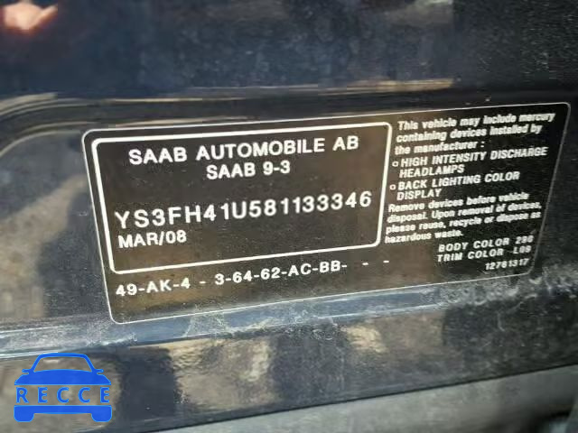 2008 SAAB 9-3 AERO YS3FH41U581133346 Bild 9