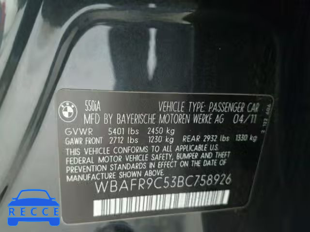 2011 BMW 550I WBAFR9C53BC758926 зображення 9