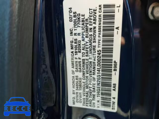 2004 HONDA CIVIC GX 1HGEN26514L000245 image 9