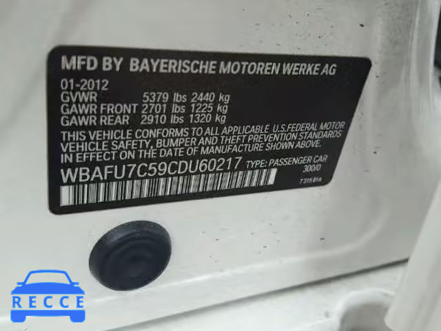 2012 BMW 535XI WBAFU7C59CDU60217 зображення 9