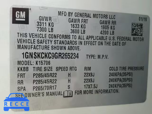 2016 CHEVROLET TAHOE LTZ 1GNSKCKC9GR265234 image 9