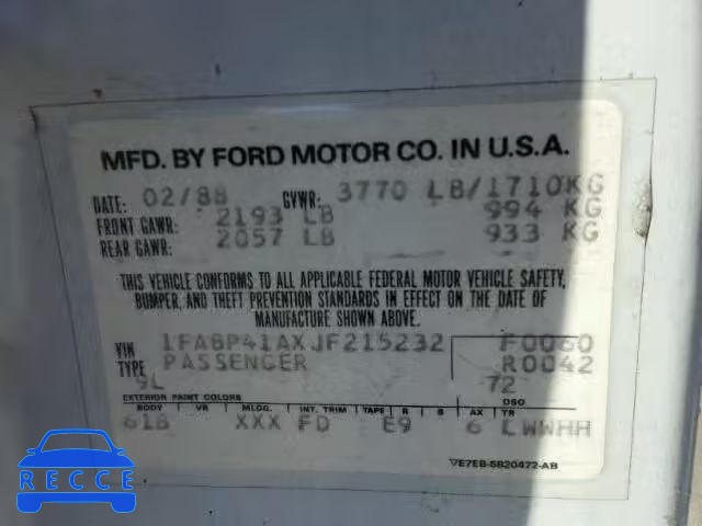 1988 FORD MUSTANG LX 1FABP41AXJF215232 image 9