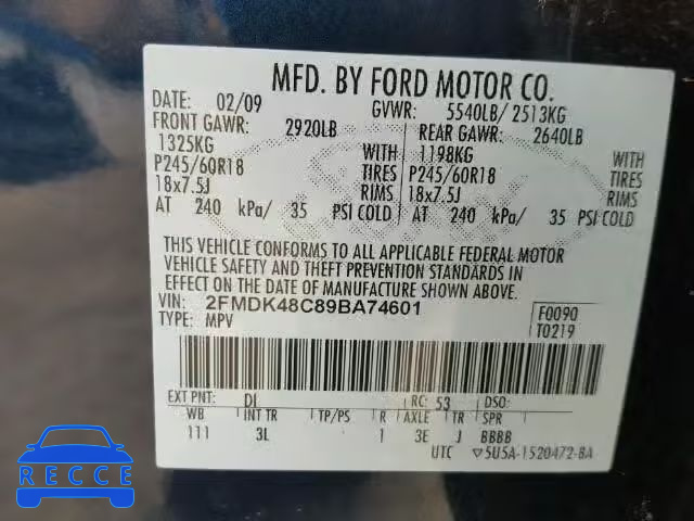 2009 FORD EDGE SEL A 2FMDK48C89BA74601 image 9