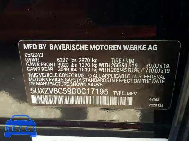 2013 BMW X5 XDRIVE5 5UXZV8C59D0C17195 зображення 9