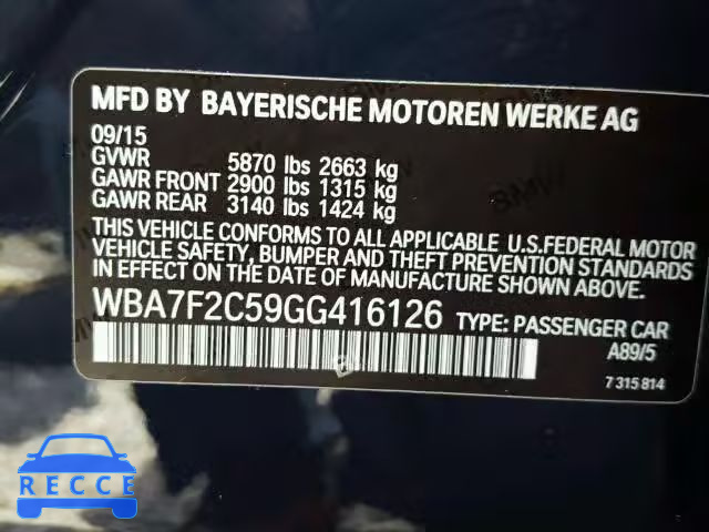 2016 BMW 750I XDRIV WBA7F2C59GG416126 зображення 9