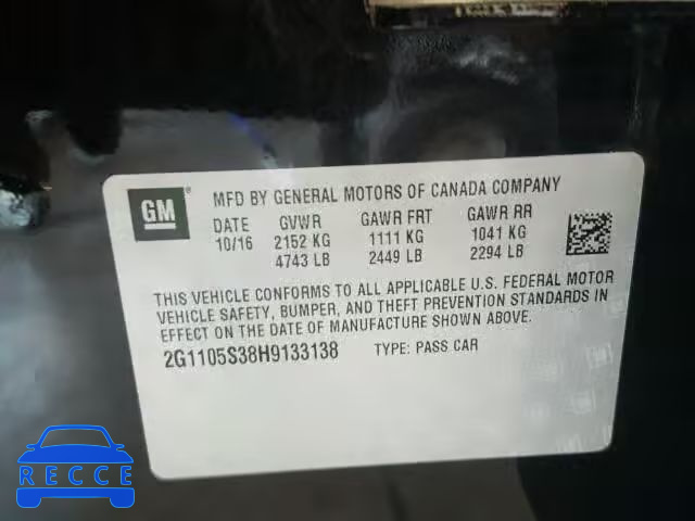 2017 CHEVROLET IMPALA LT 2G1105S38H9133138 image 9