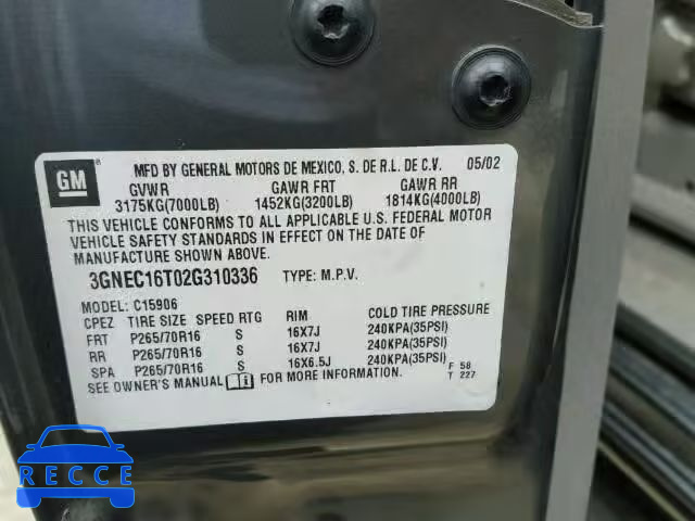 2002 CHEVROLET SUBURBAN 3GNEC16T02G310336 image 9