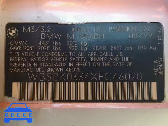 1999 BMW M3 AUTOMATICAT WBSBK0334XEC46020 зображення 9