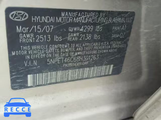 2008 HYUNDAI SONATA 5NPET46C68H301263 image 9