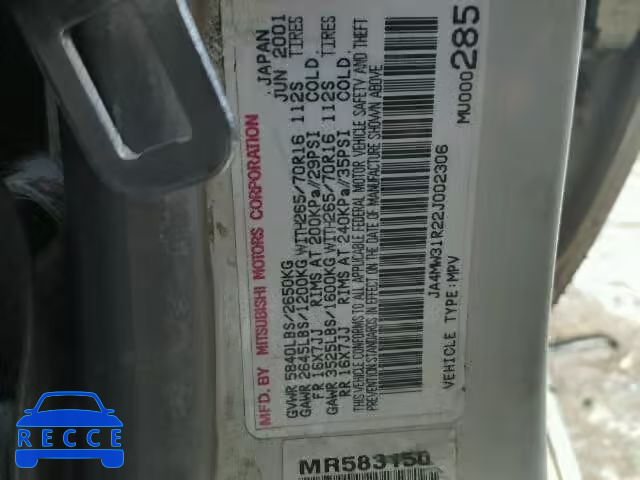 2002 MITSUBISHI MONTERO XL JA4MW31R22J002306 Bild 9