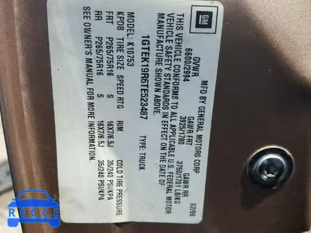 1996 GMC SIERRA K15 1GTEK19R6TE523487 image 9