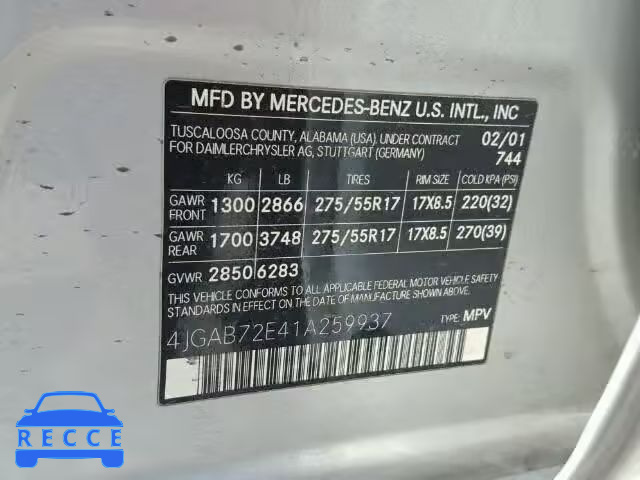2001 MERCEDES-BENZ ML430 4JGAB72E41A259937 image 9