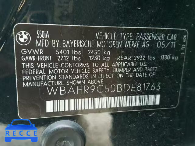 2011 BMW 550I WBAFR9C50BDE81763 зображення 9