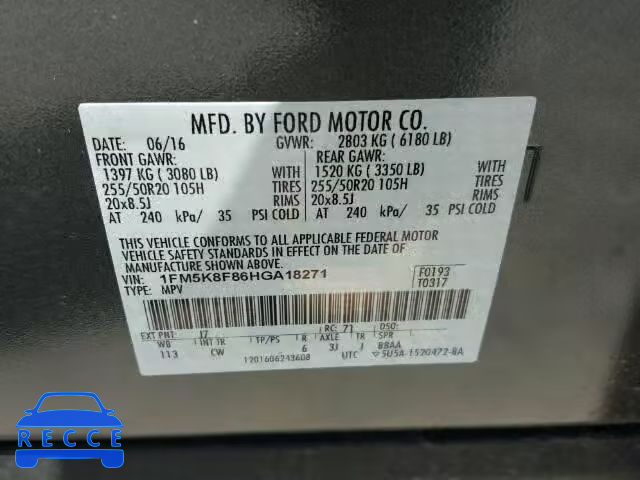 2017 FORD EXPLORER L 1FM5K8F86HGA18271 image 9