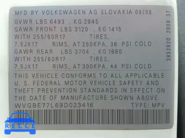 2009 VOLKSWAGEN TOUAREG 2 WVGBE77L69D023416 image 9