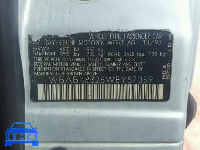 1998 BMW 328IC AUTO WBABK8326WEY87059 image 9