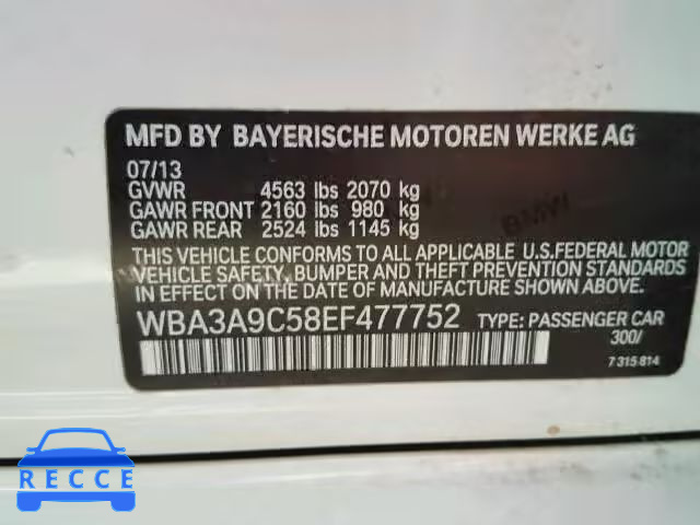 2014 BMW 335I WBA3A9C58EF477752 зображення 9