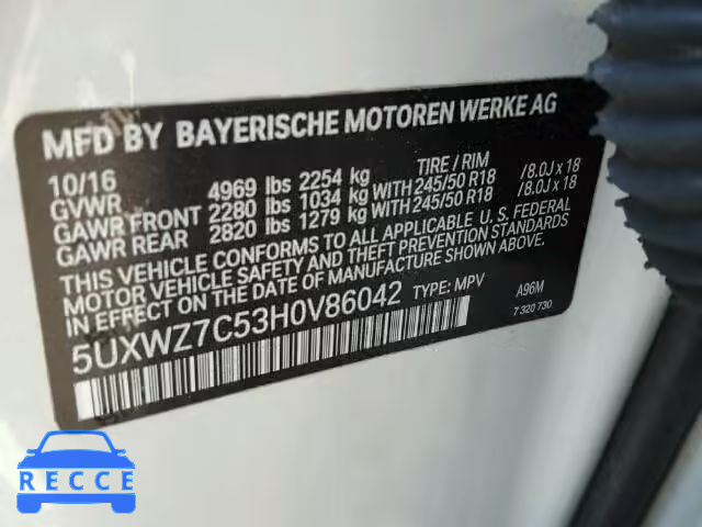 2017 BMW X3 SDRIVE2 5UXWZ7C53H0V86042 зображення 9