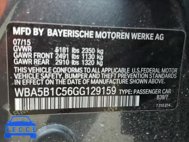 2016 BMW 535I WBA5B1C56GG129159 зображення 9