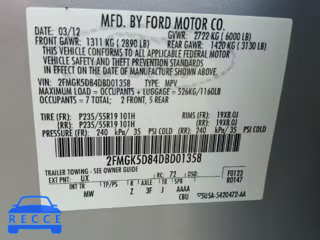 2013 FORD FLEX LIMIT 2FMGK5D84DBD01358 зображення 9