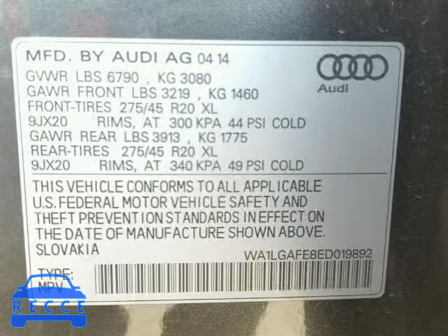 2014 AUDI Q7 PREMIUM WA1LGAFE8ED019892 зображення 9