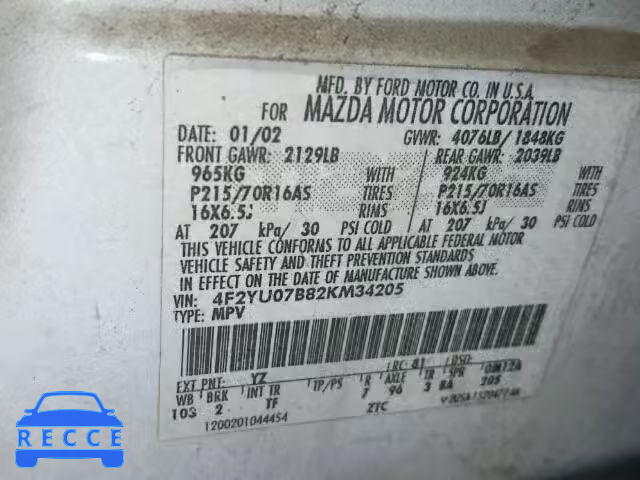 2002 MAZDA TRIBUTE DX 4F2YU07B82KM34205 image 9