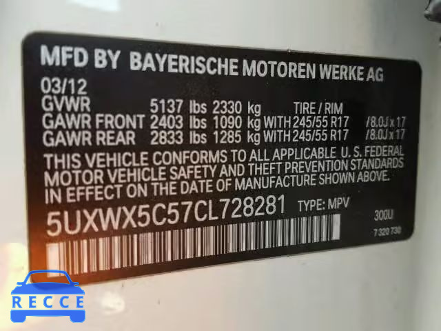 2012 BMW X3 XDRIVE2 5UXWX5C57CL728281 image 9
