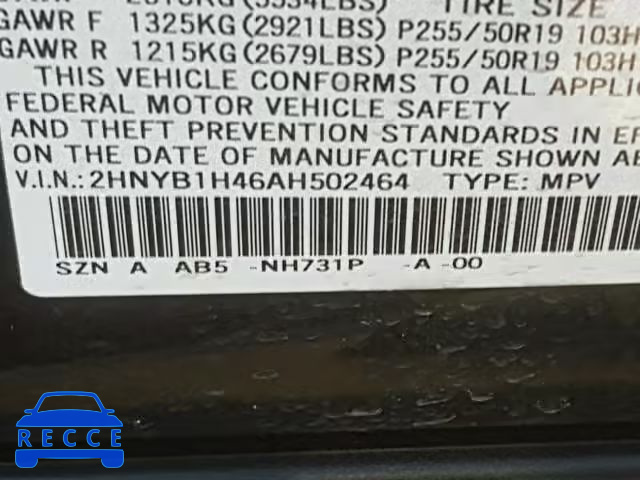 2010 ACURA ZDX TECHNO 2HNYB1H46AH502464 image 9