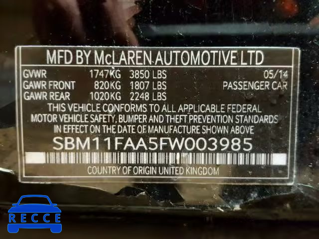 2015 MCLAREN AUTOMATICOTIVE 650S SPIDE SBM11FAA5FW003985 зображення 9