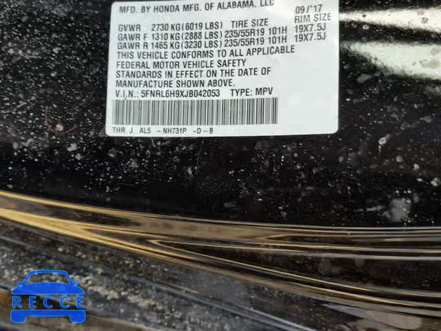 2018 HONDA ODYSSEY EL 5FNRL6H9XJB042053 image 9