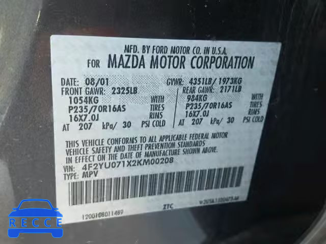 2002 MAZDA TRIBUTE DX 4F2YU071X2KM00208 image 9