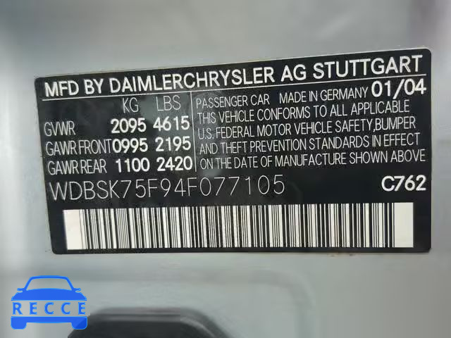 2004 MERCEDES-BENZ SL 500 WDBSK75F94F077105 image 9