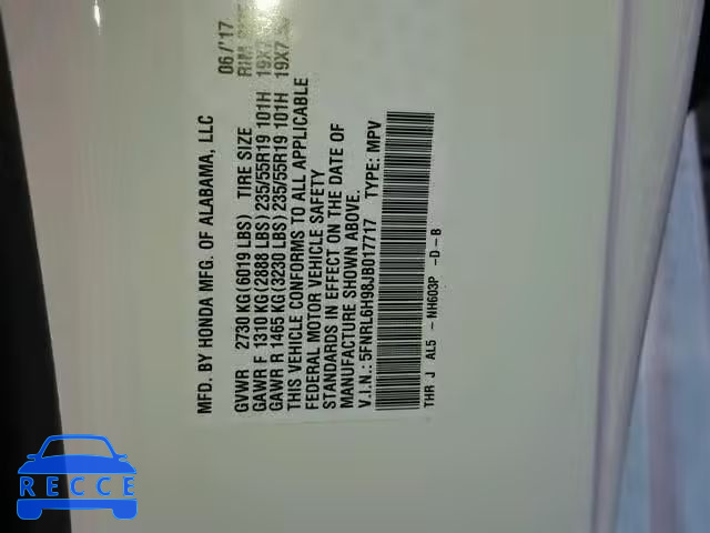 2018 HONDA ODYSSEY EL 5FNRL6H98JB017717 Bild 9