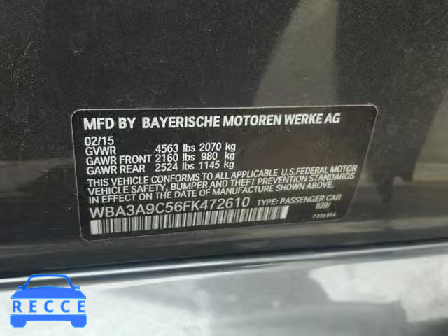 2015 BMW 335 I WBA3A9C56FK472610 зображення 9
